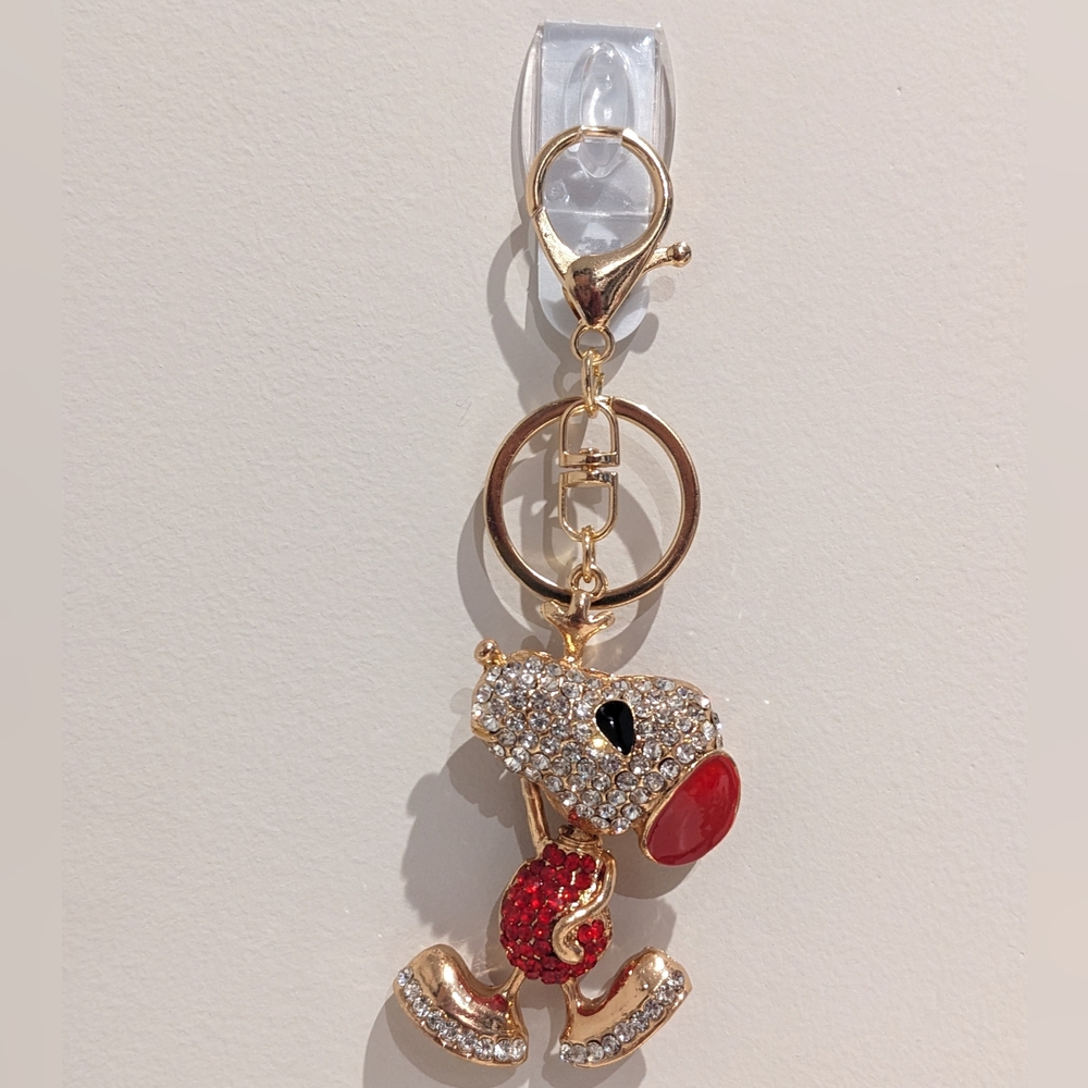 Snoopy Peanuts Bling Rhinestone Keychain Bag Charm With Red Accents, NEW